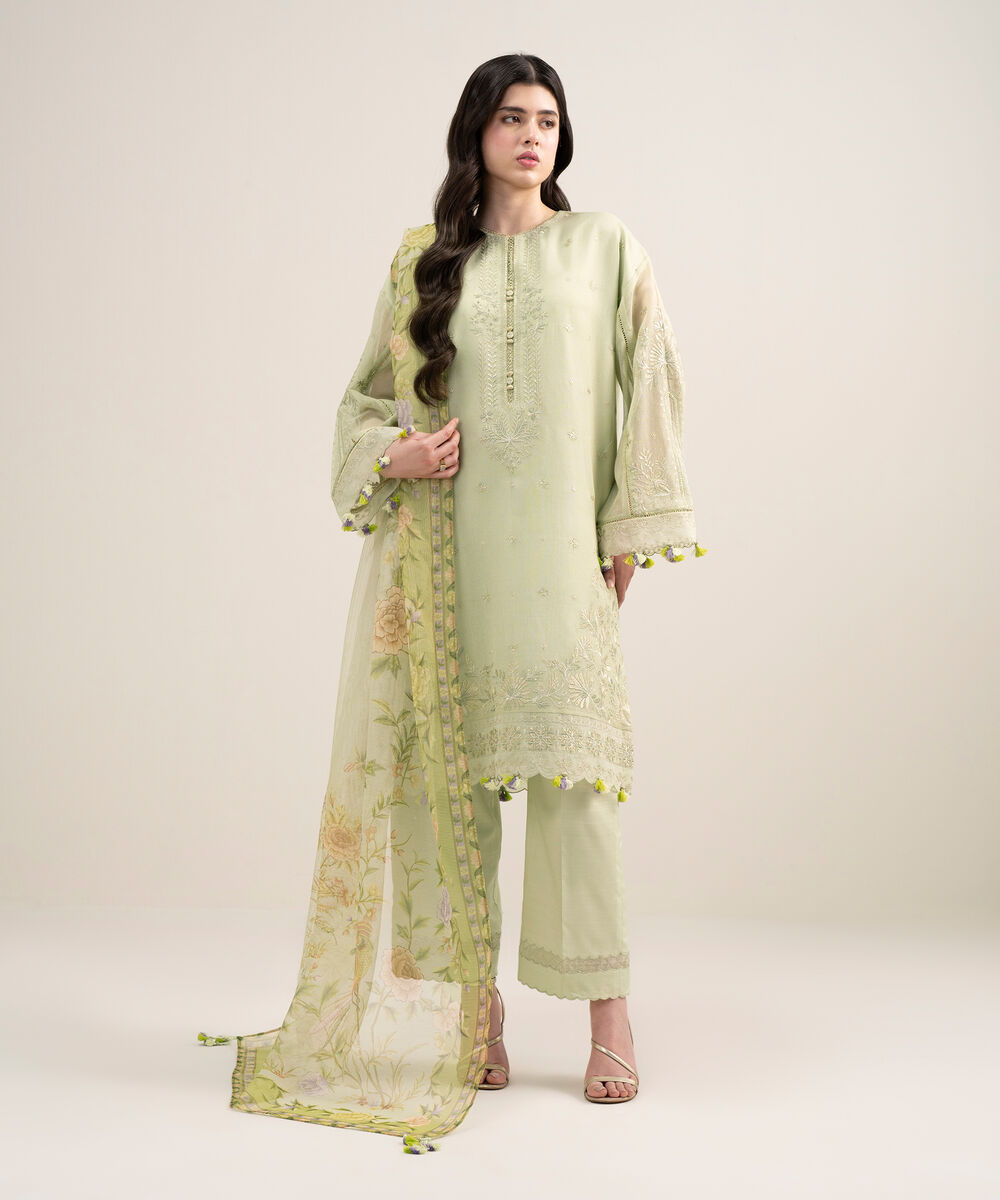 Women's Unstitched Blended Viscose Khaddi Net Embroidered Green 3 Piece Suit