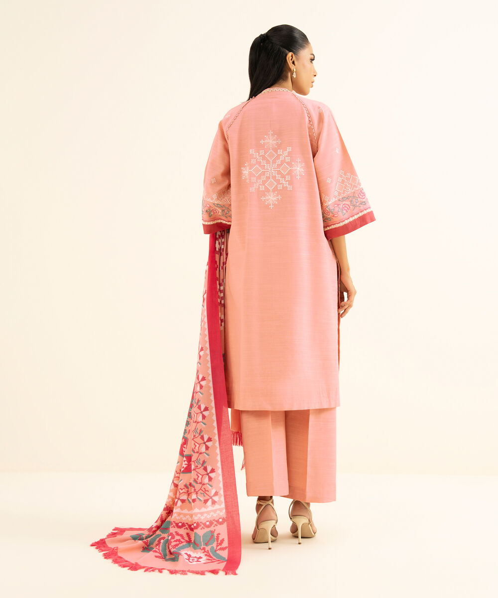 Women's Unstitched Twill Embroidered Pink 3 Piece Suit