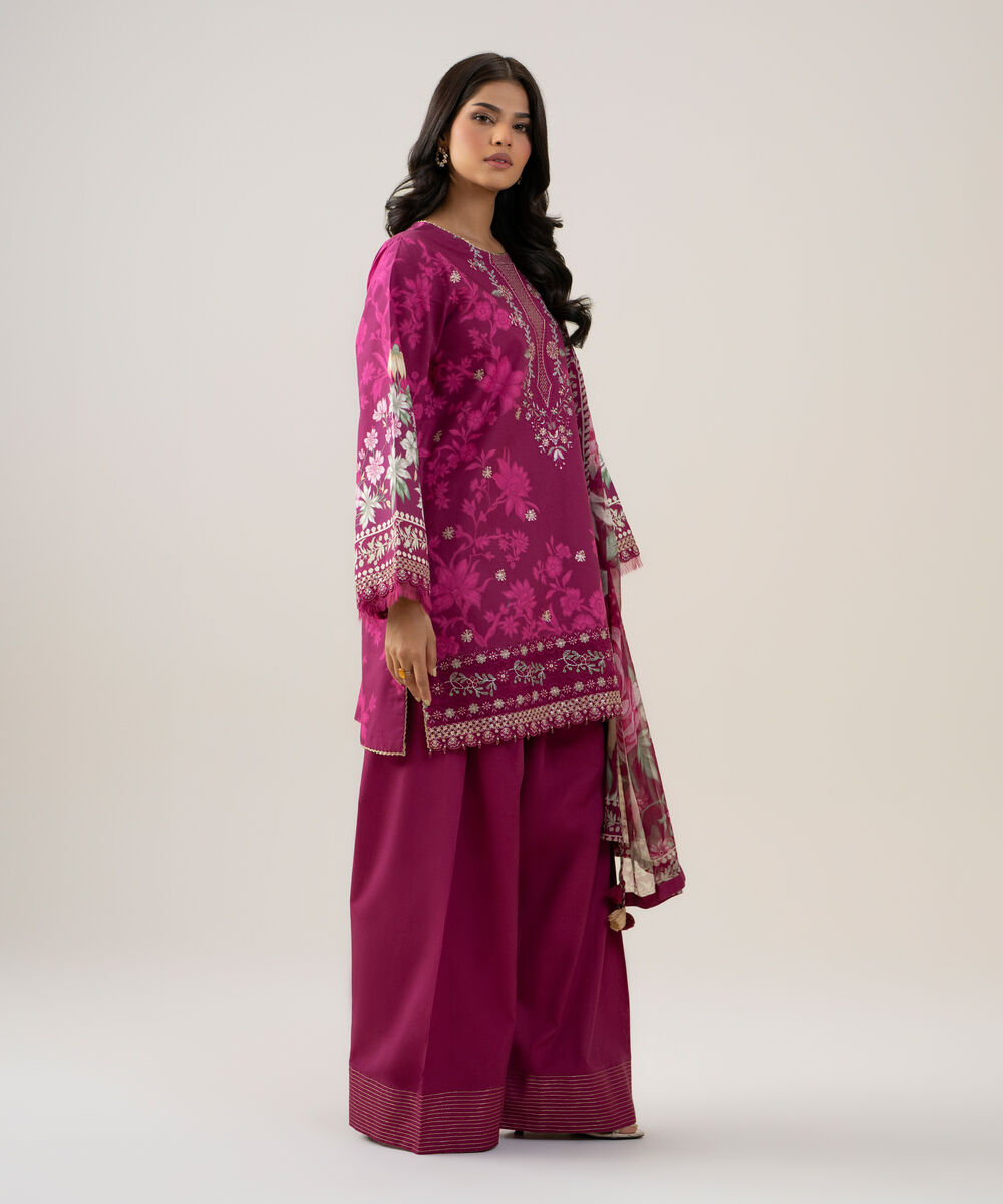 Women's Unstitched Blended Chiffon Embroidered Magenta 3 Piece Suit