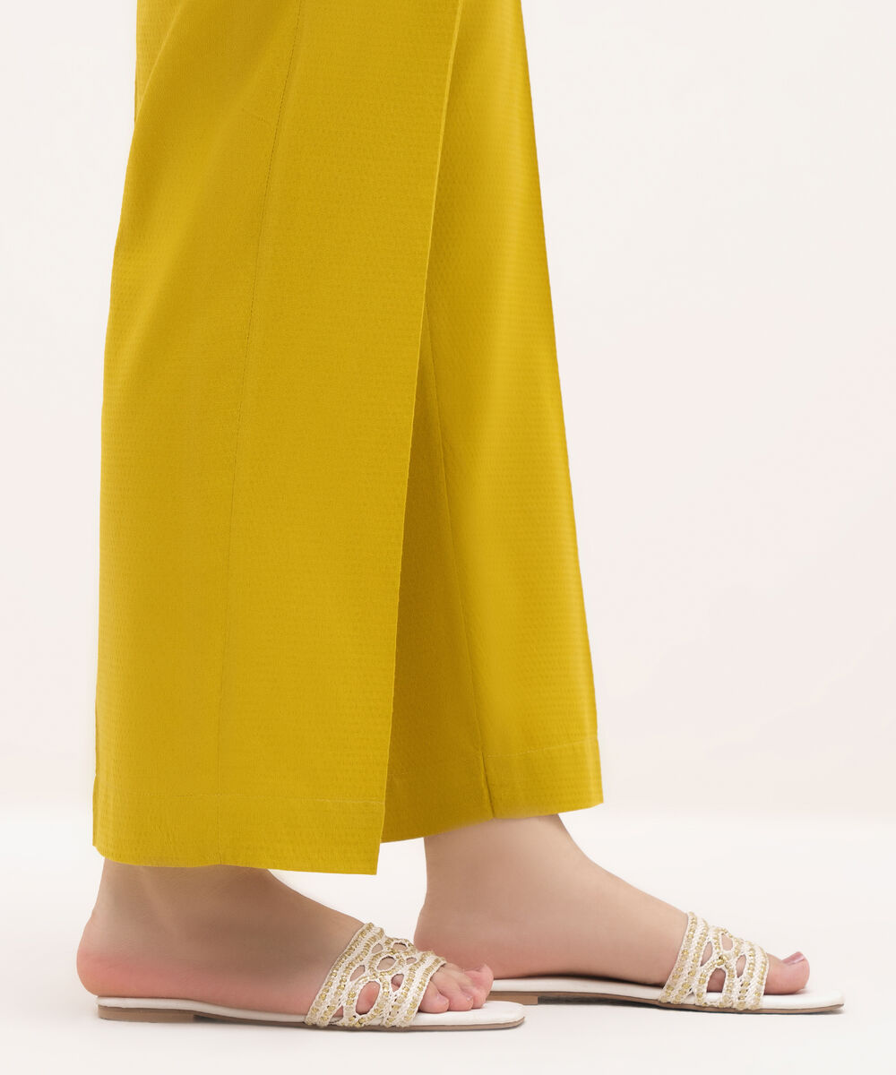 Women's RTW Textured Cotton Yellow Solid Straight Pants