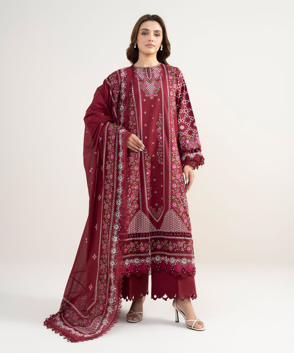 Women's Unstitched Lawn Embroidered Red 3 Piece Suit