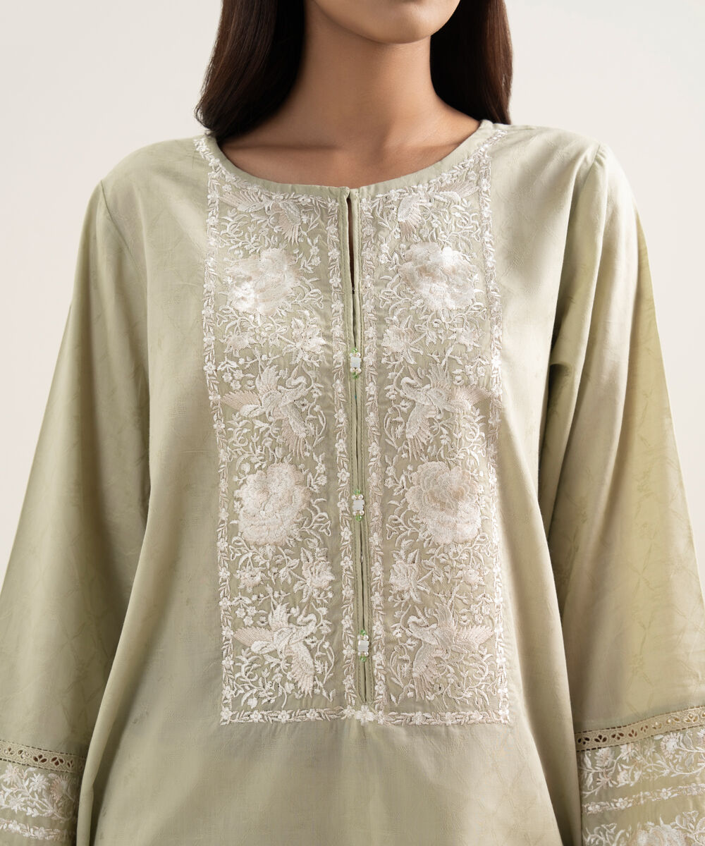 Women's RTW Self Jacquard Embroidered Green Straight Shirt