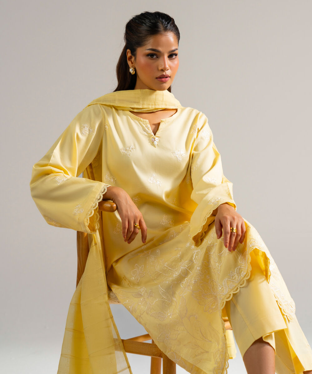 Women's RTW Cotton Satin Embroidered Yellow 3 Piece Suit