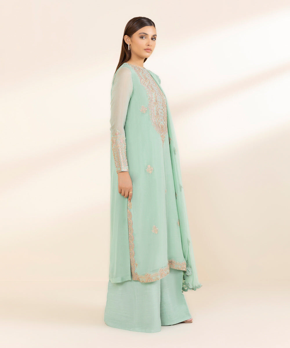 Woman - Blue 3 Piece - Embroidered Chiffon Suit