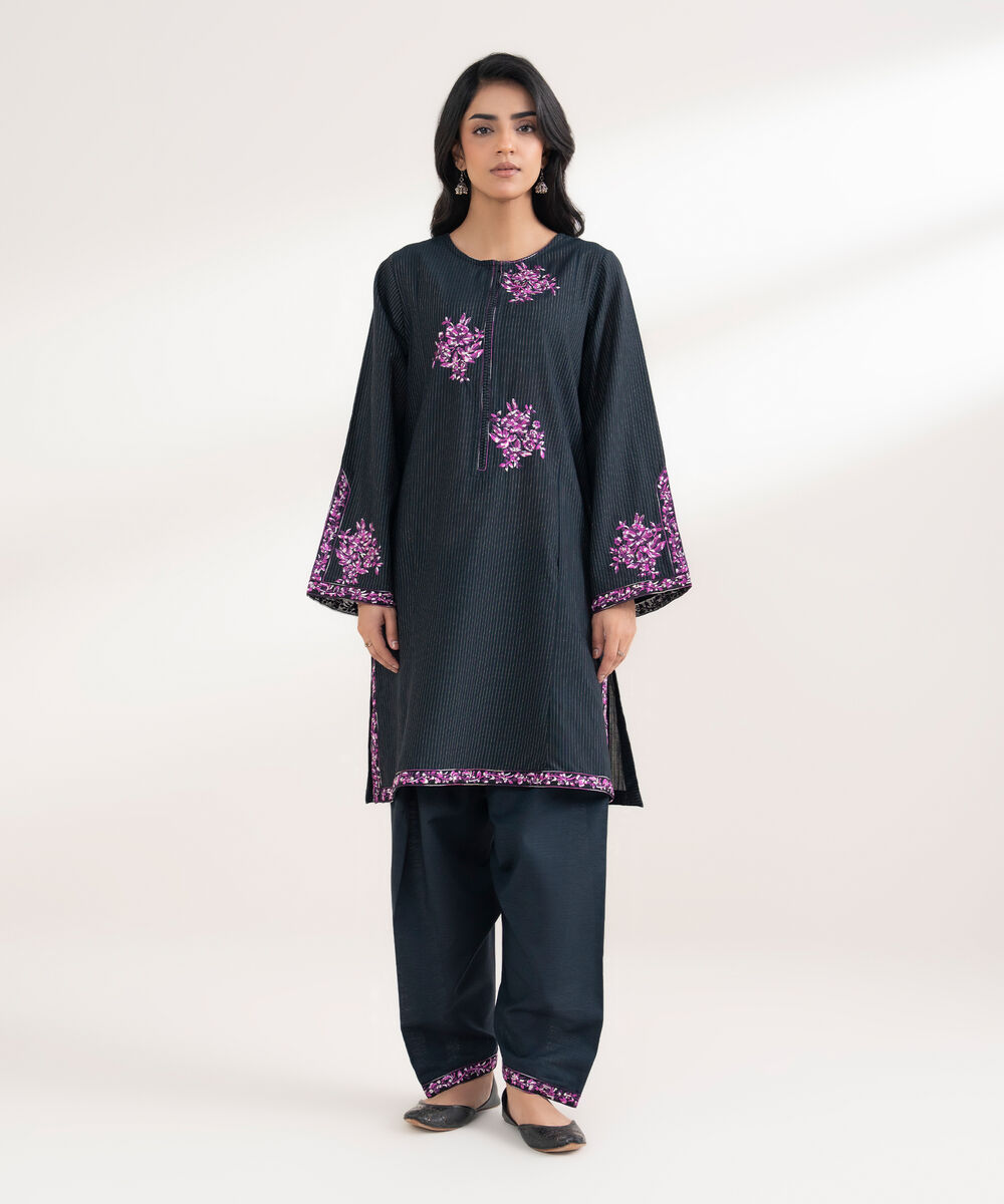Women's RTW Zari Khaddar Embroidered Black Straight Shirt