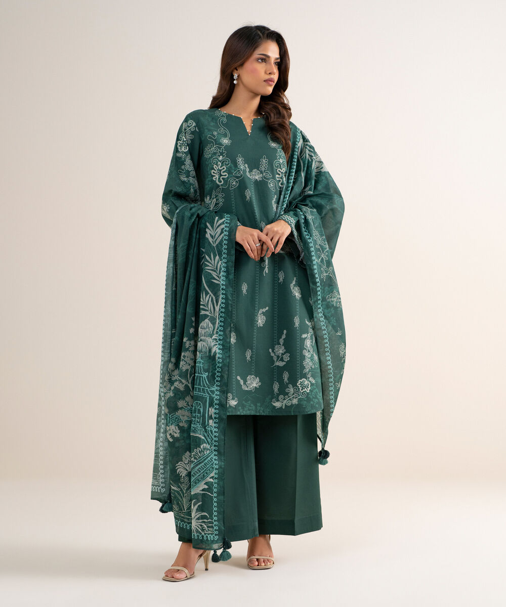 Women's Unstitched Lawn Printed Green 3 Piece Suit
