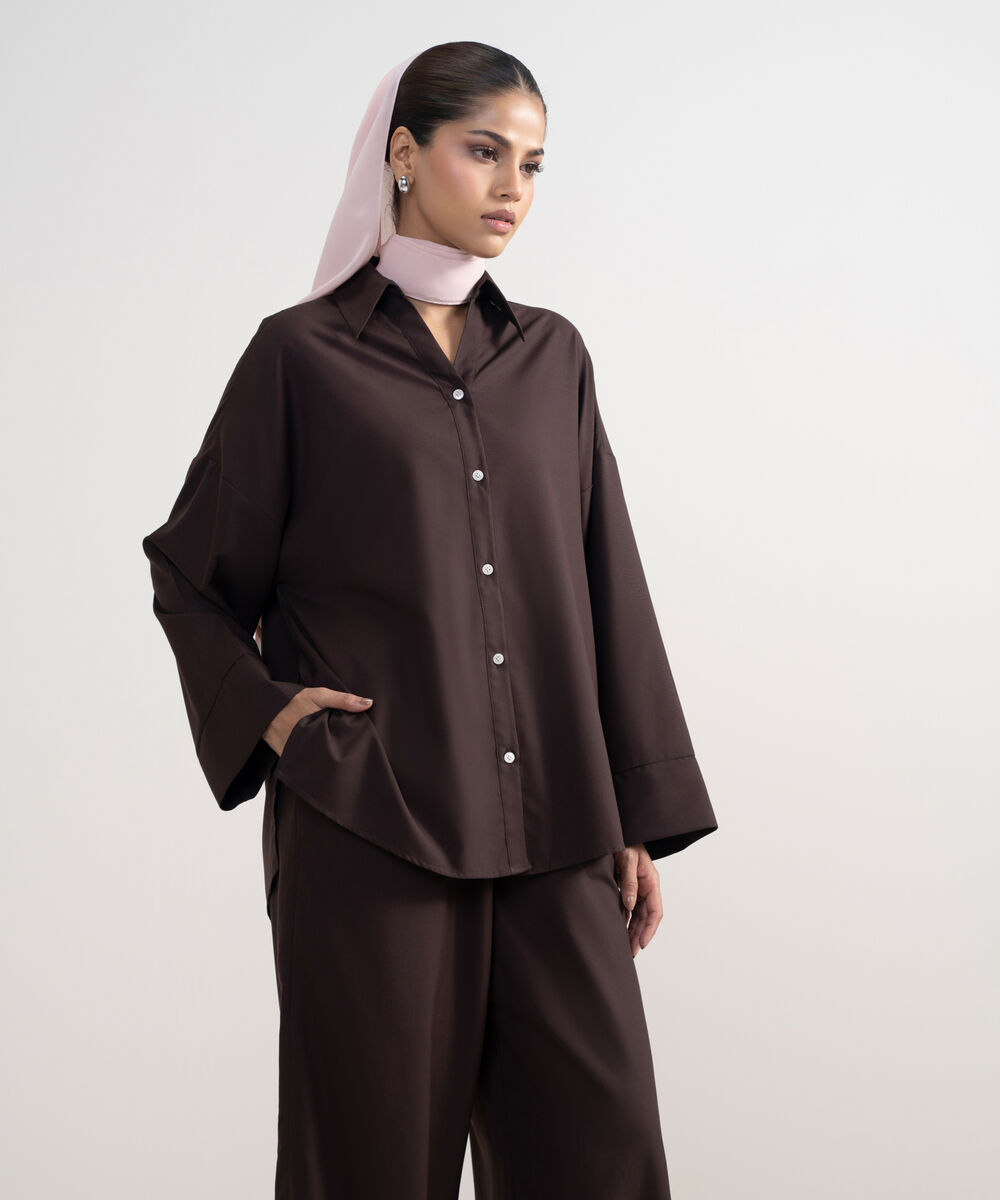 Women's Chocolate Brown Oversize Button Down