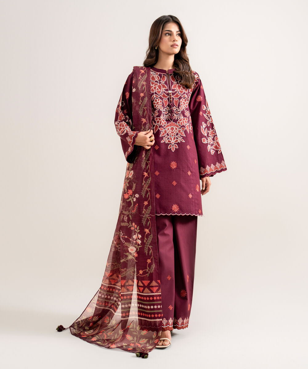 Women's Unstitched Embroidered Dobby Plum 3 Piece Suit