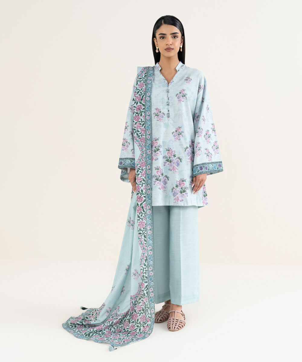 Women's Unstitched Printed Khaddar Light Aqua 3 Piece Suit
