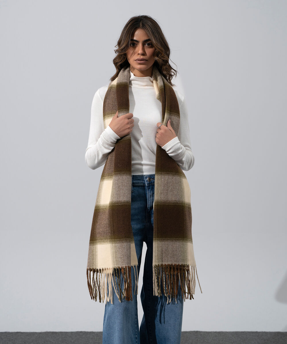 Women's Western Wear Brown And Off-White Polyester Striped Woolen Scarf