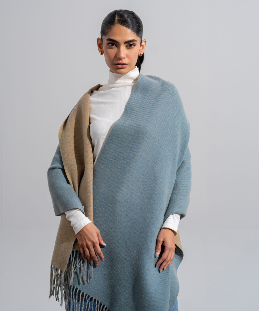 Women's Western Wear Blue Polyester Solid Woolen Scarf