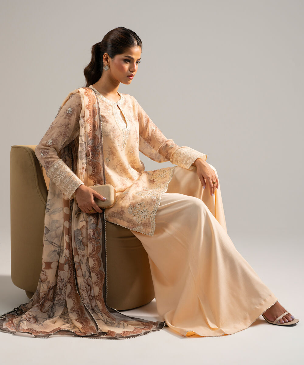 Women's RTW Chiffon Embroidered Peach 3 Piece Suit