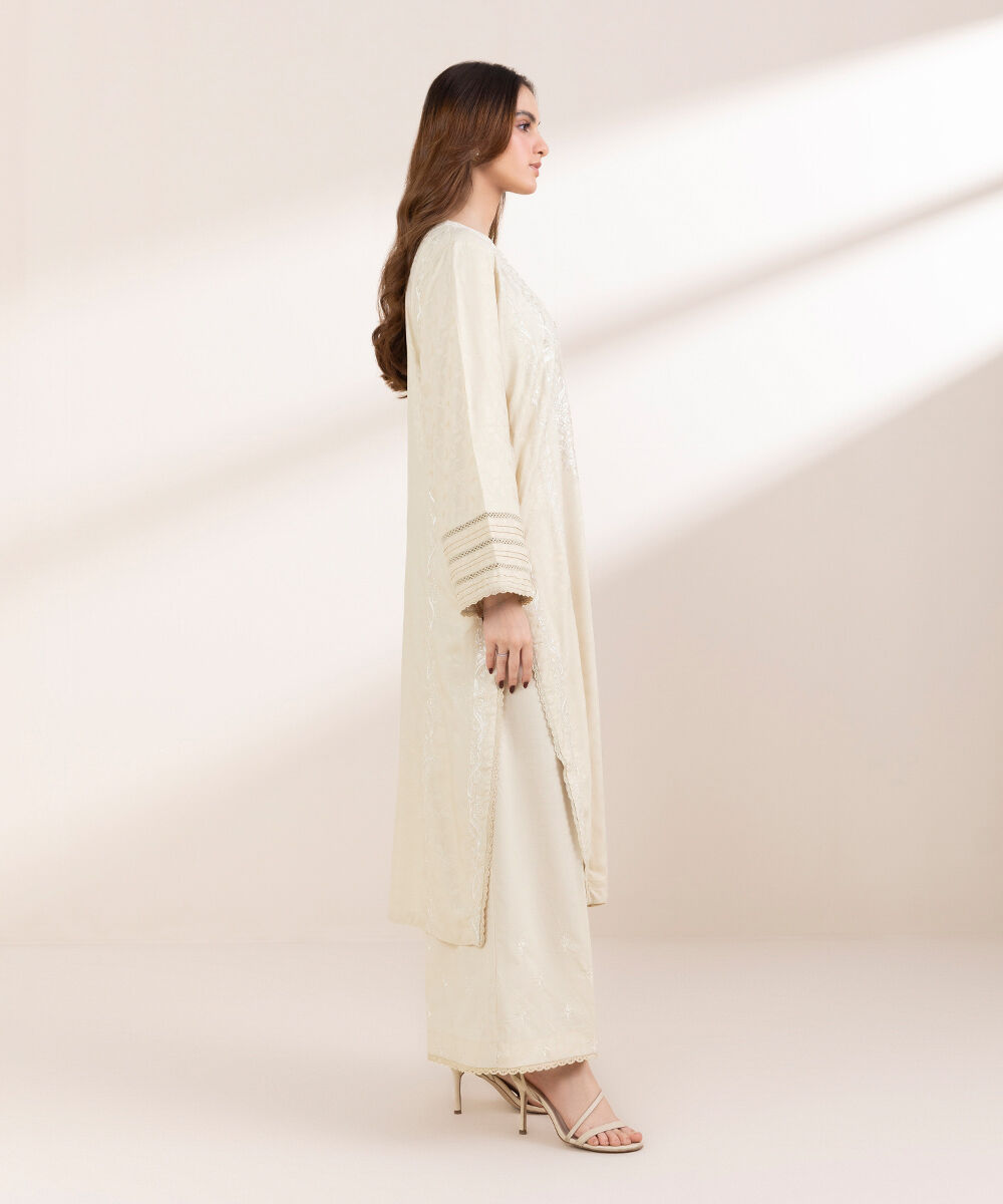 Women's Pret Cotton Jacquard Beige Embroidered A-Line Shirt