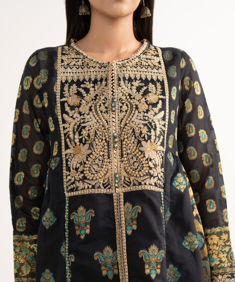 Women's RTW Zari Jacquard Black Embroidered 3 Piece Suit