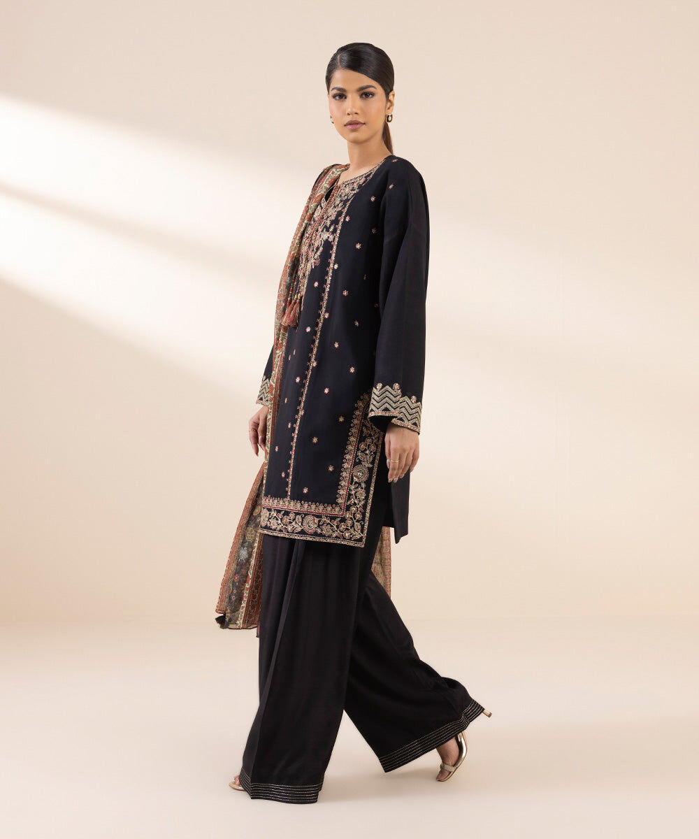 Woman - Black 3 Piece - Embroidered Raw Silk Suit