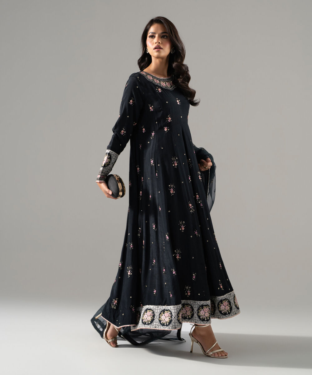 Women's RTW Bright Raw Silk Printed Black Shirt and Dupatta
