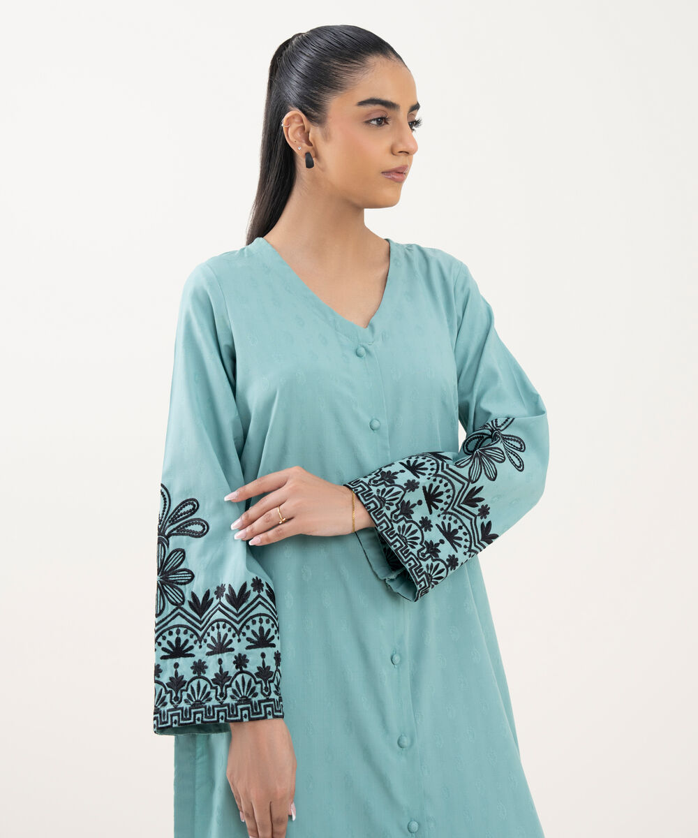 Women's RTW Cotton Jacquard Embroidered Blue A-Line Shirt