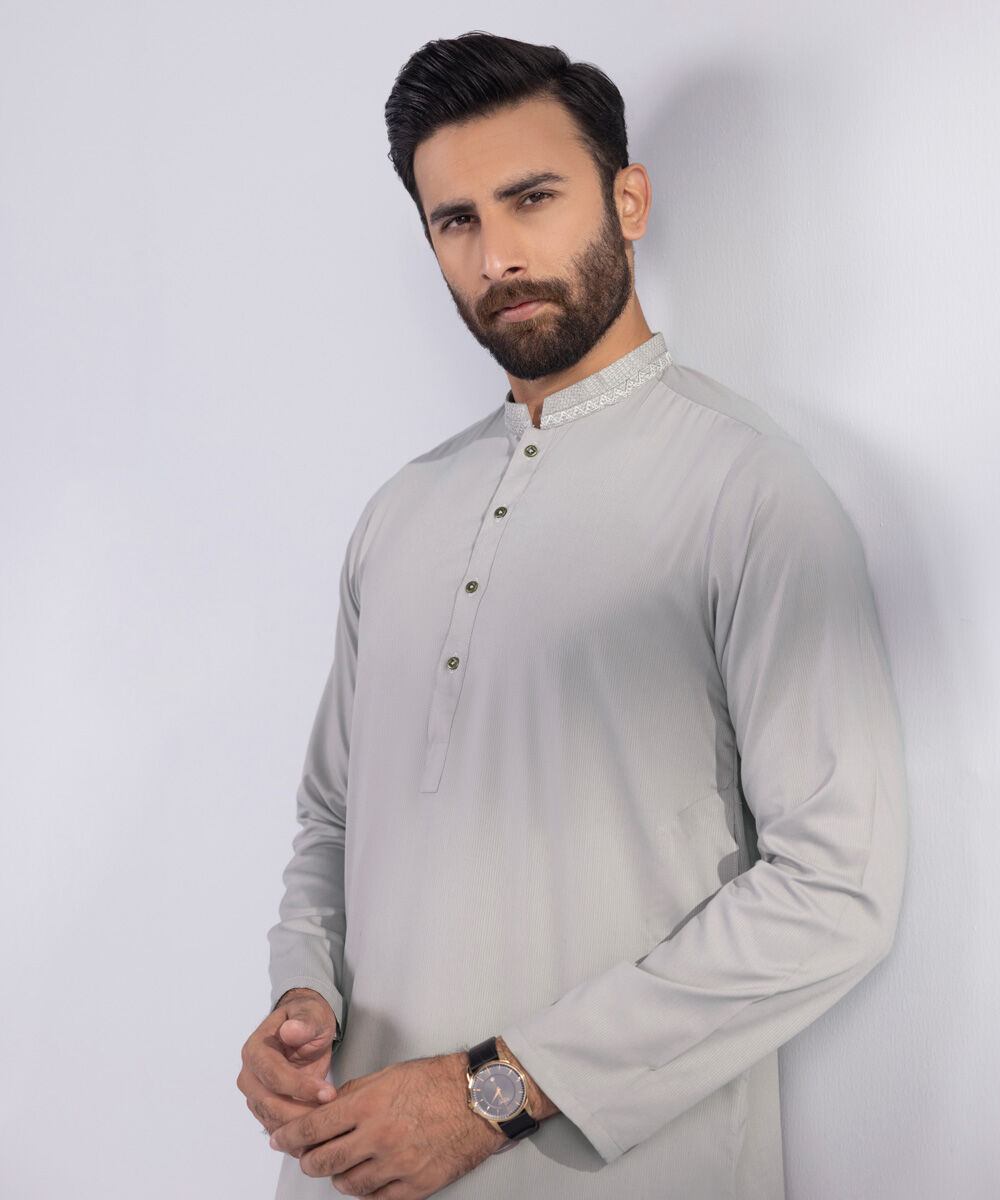 Men's Blended Stitched Embroidered Grey Kurta