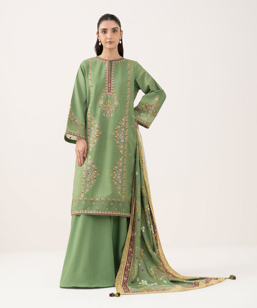 Women's Unstitched Textured Cotton Embroidered Green 3 Piece Suit