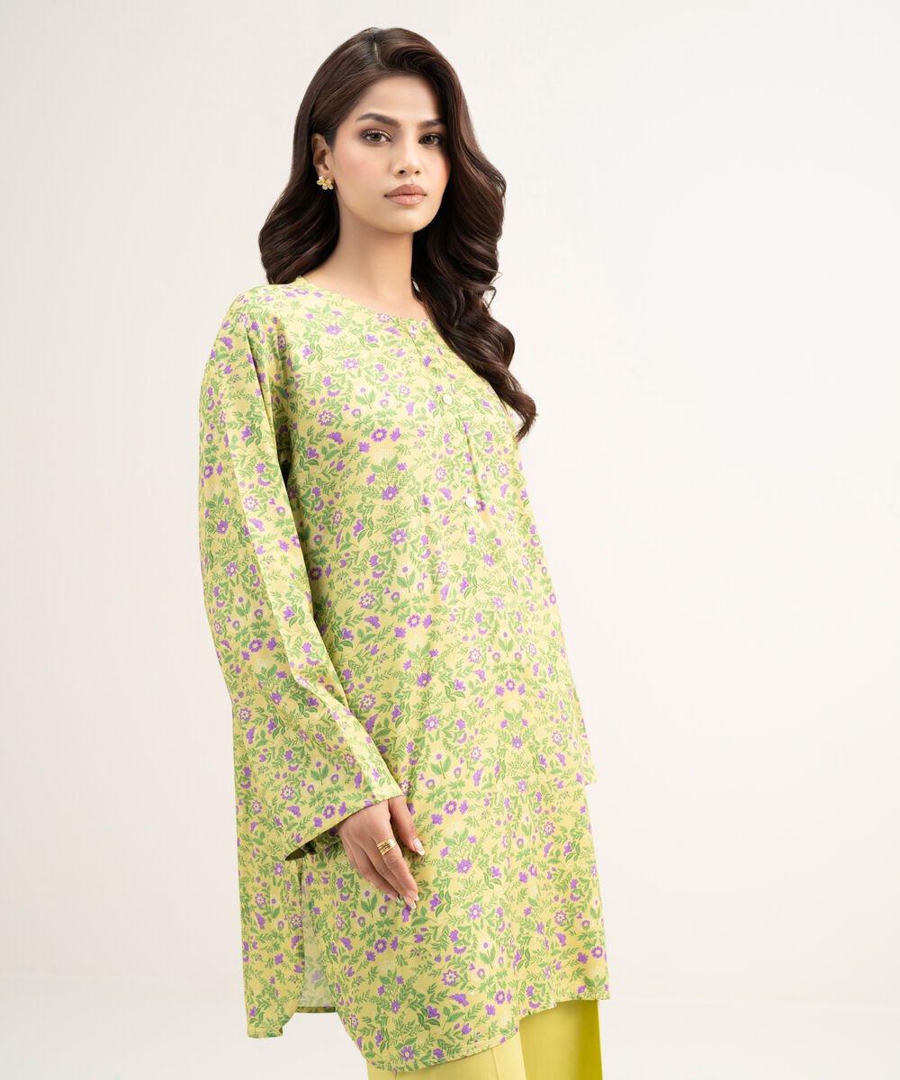 Women's RTW Arabic Lawn Printed Green Straight Shirt