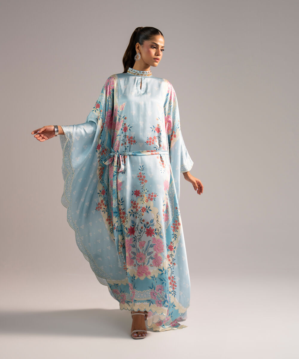 Women's RTW Blended Satin Printed Blue Kaftan