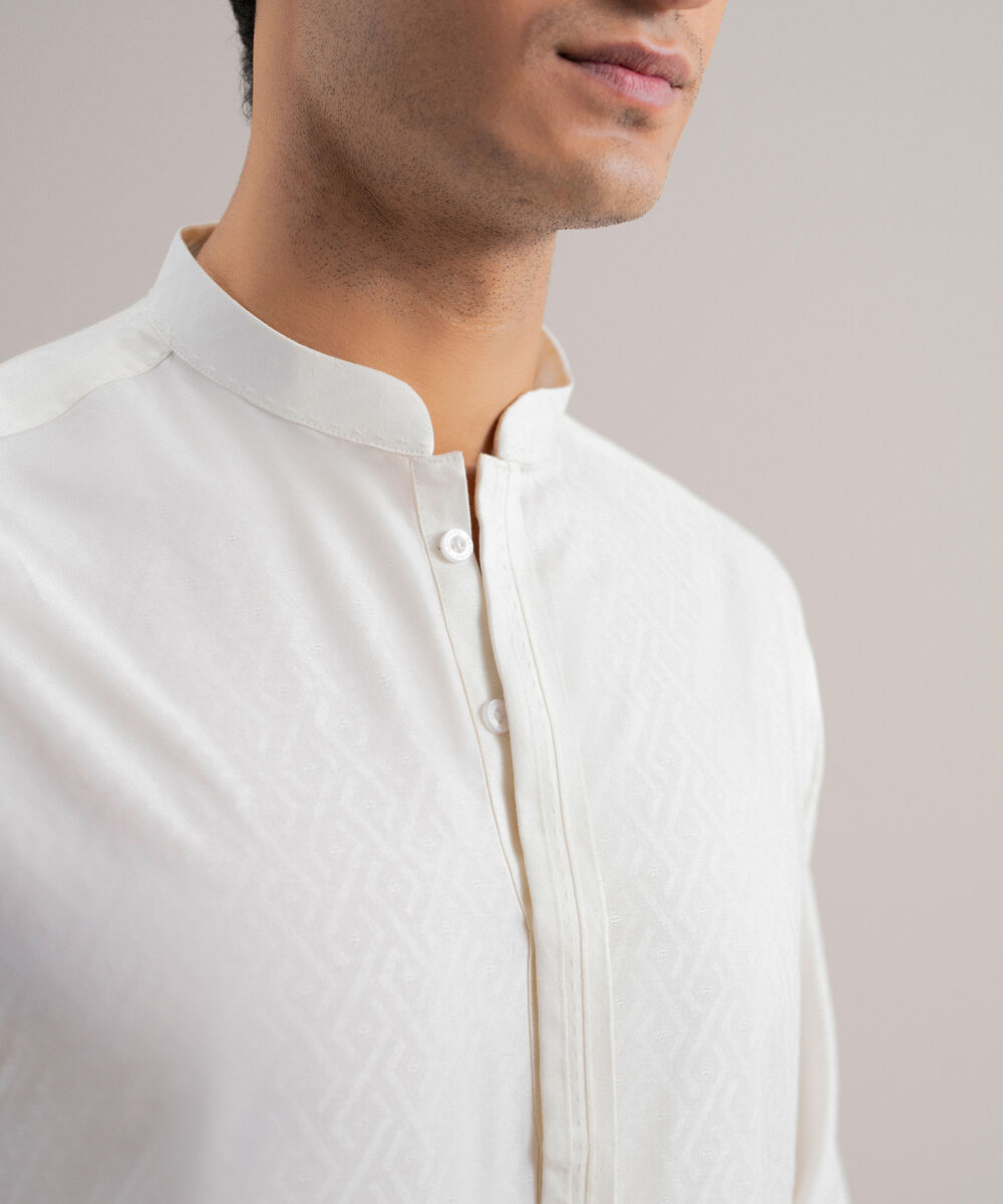 Men's Stitched Cotton Jacquard Off White Kurta