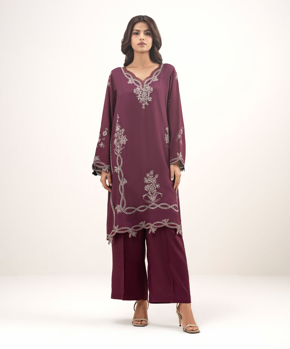 Women's RTW Viscose Raw Silk Embroidered Purple 2 Piece Suit