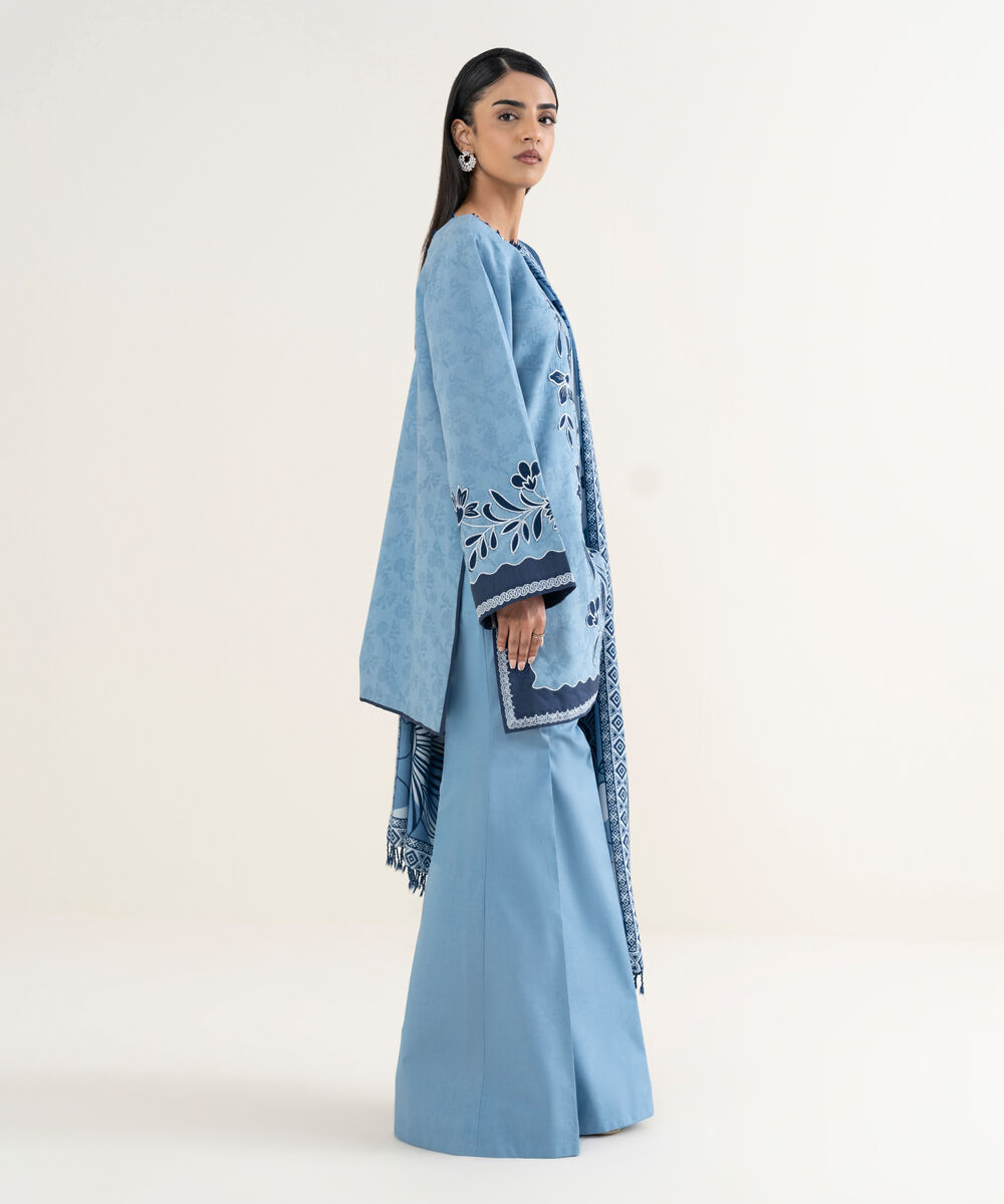 Women's Unstitched Embroidered Cotton Jacquard Blue 3 Piece Suit