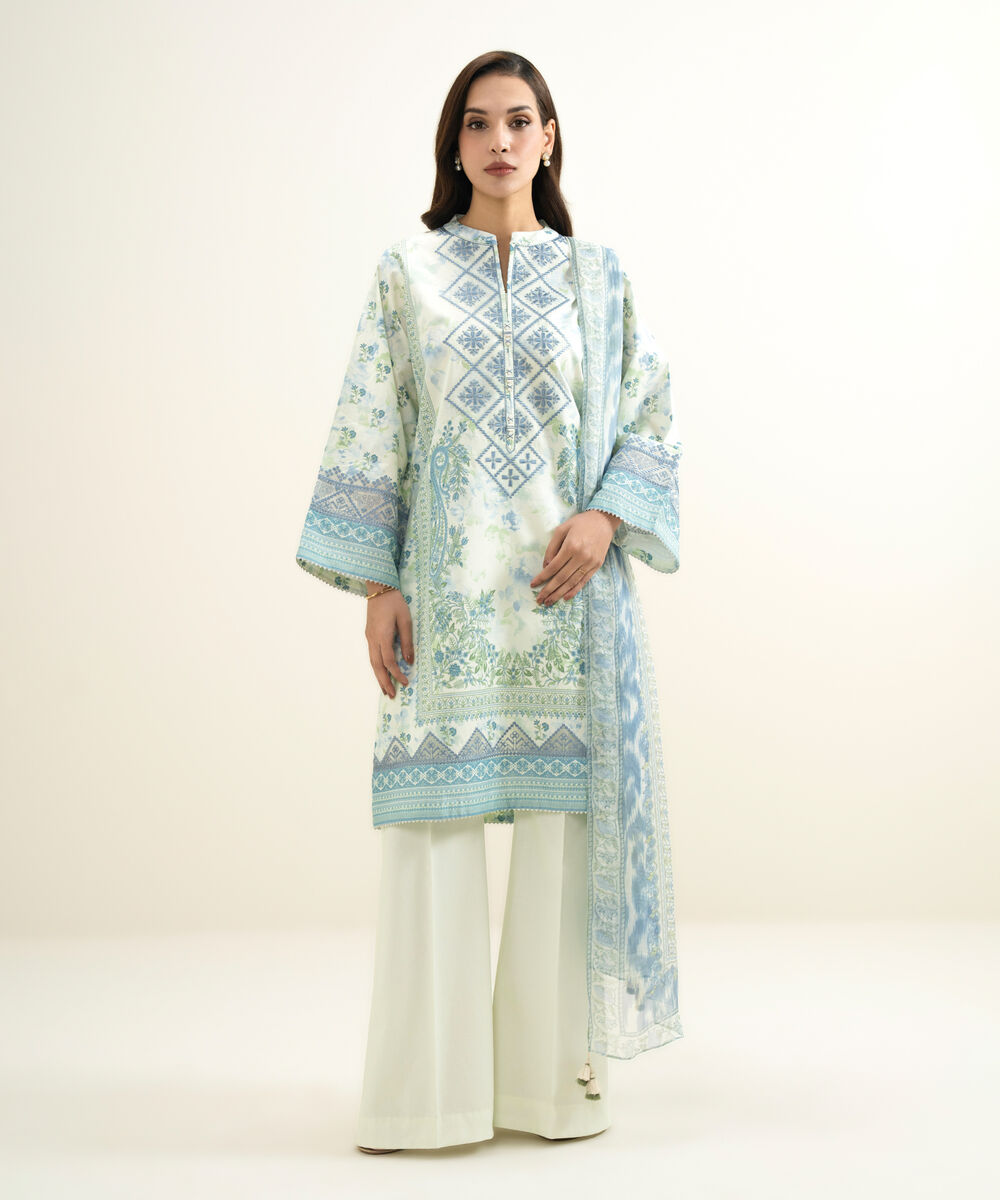 Women's Unstitched Lawn Embroidered Blue 3 Piece Suit