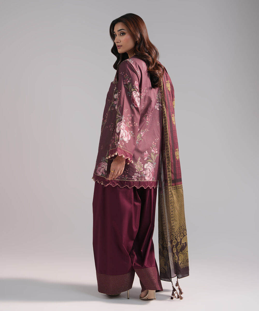 Women's RTW Zari Lawn Embroidered Plum 3 Piece Suit