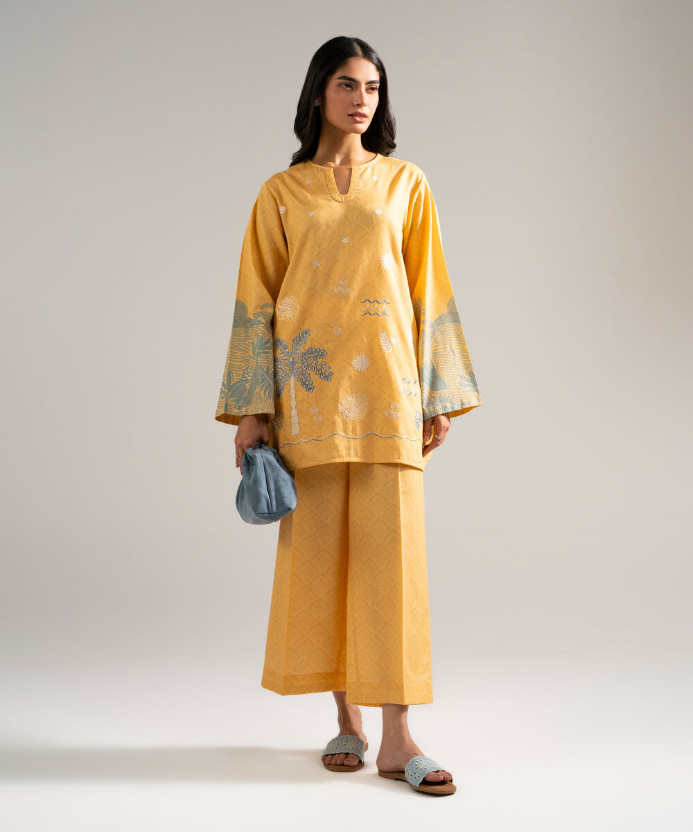 Women's RTW Dobby Embroidered Orange Straight Shirt