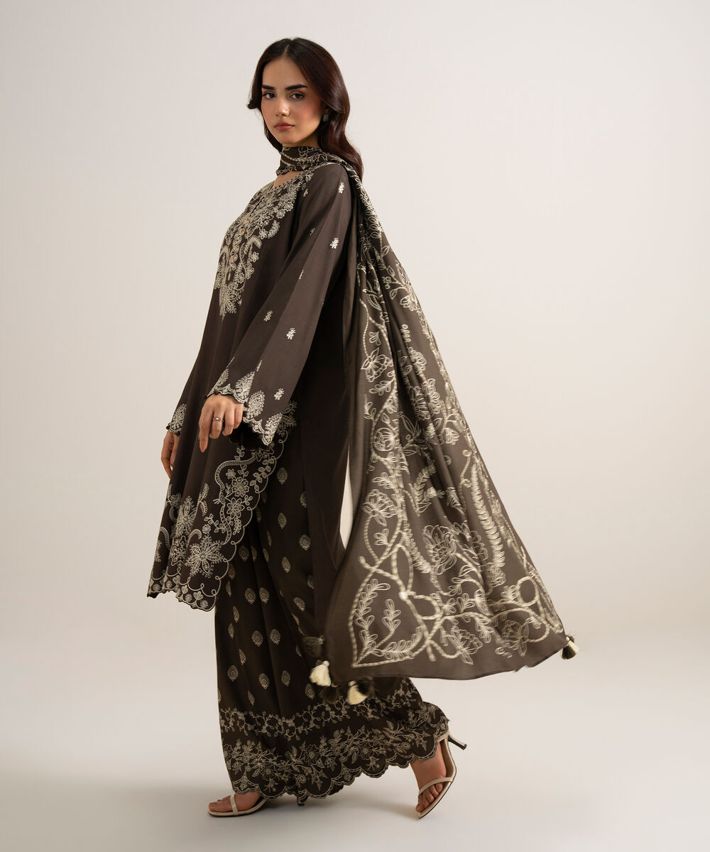 Women's Unstitched Embroidered Linen Brown 3 Piece Suit