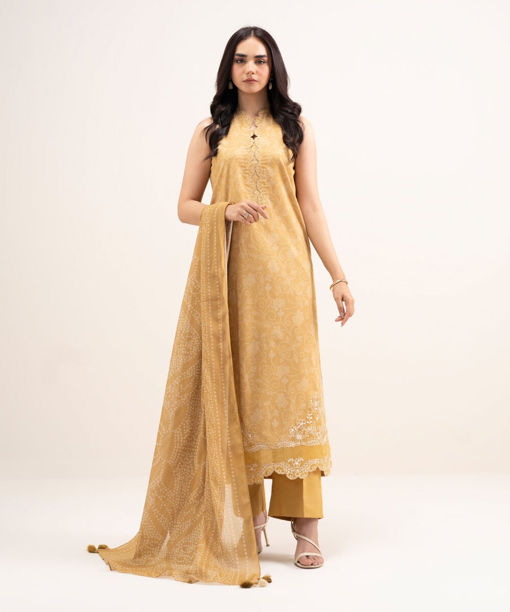 Women's Unstitched Lawn Embroidered Yellow 3 Piece Suit