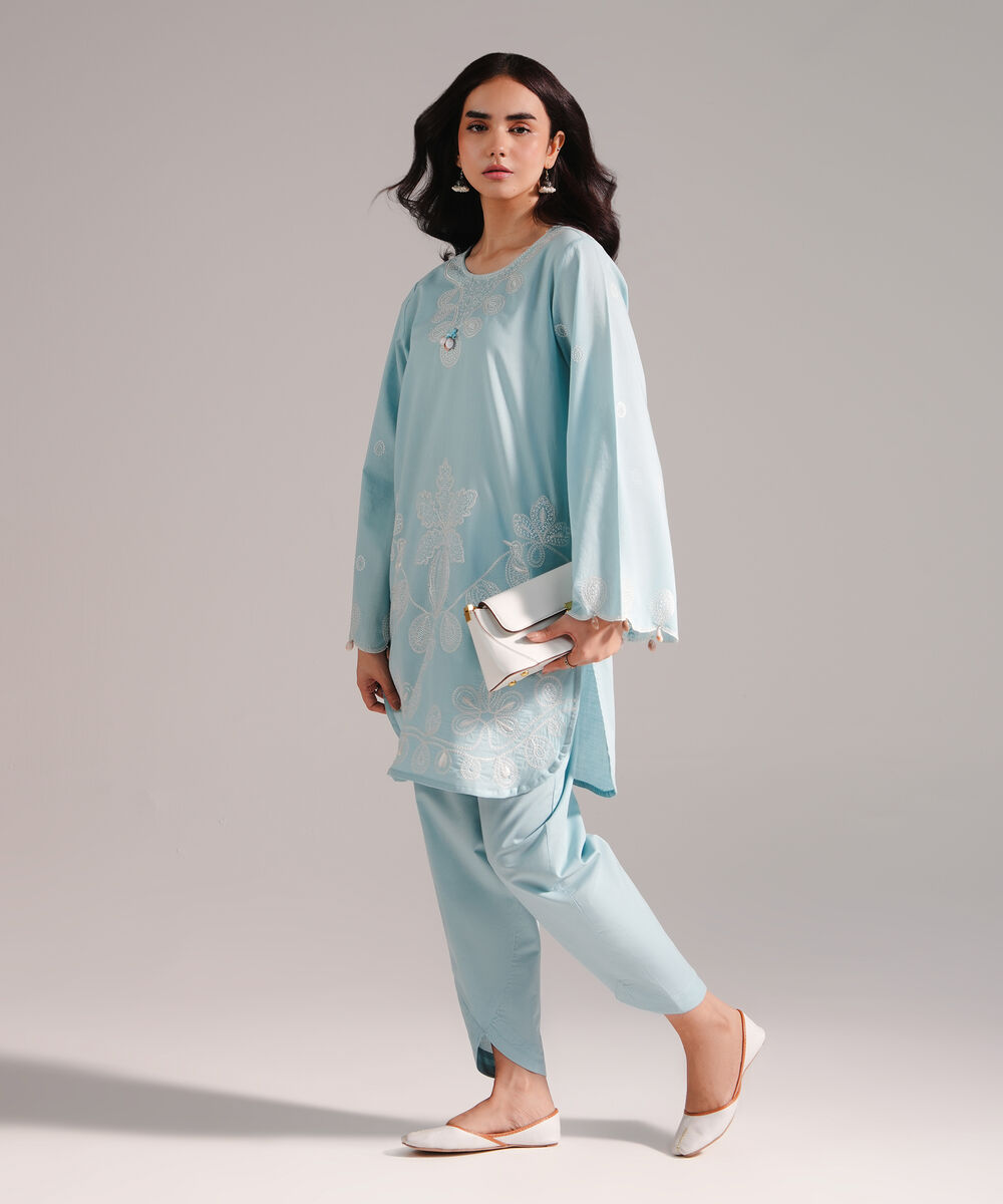 Women's RTW Crosshatch Embroidered Ice Blue Straight Shirt