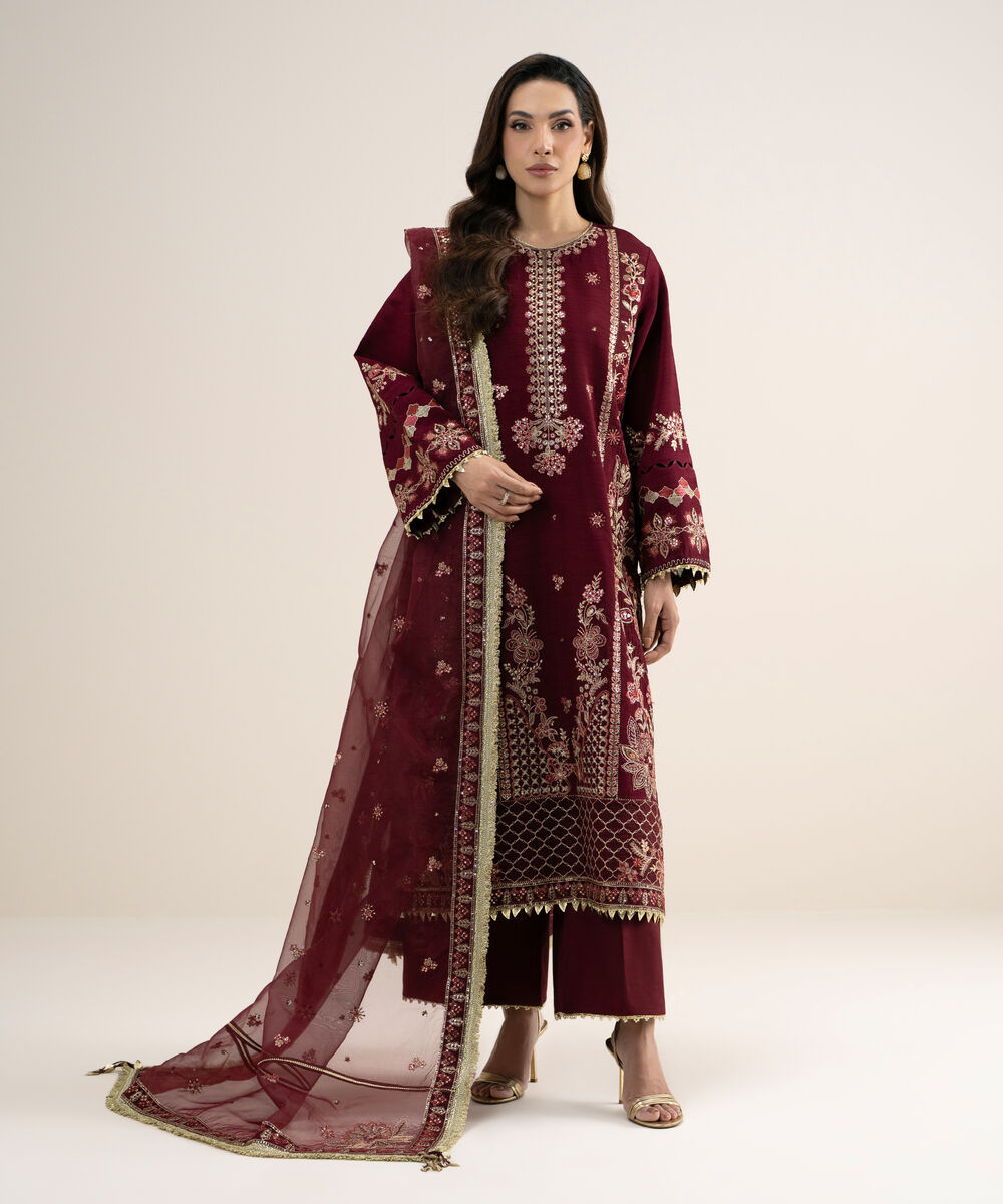 Women's Unstitched Embroidered Viscose Raw Silk Maroon 3 Piece Suit