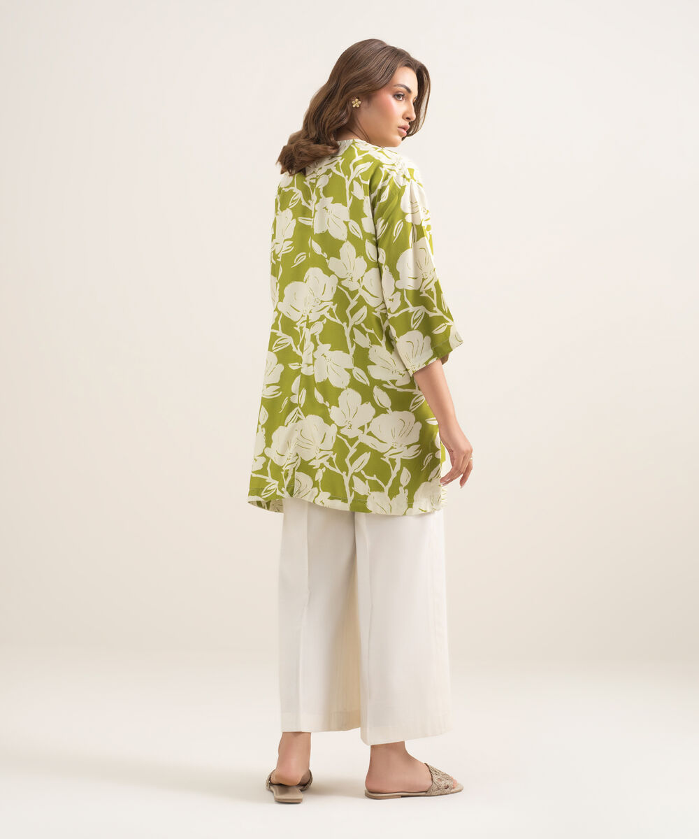 Women's RTW Arabic Cambric Printed Green Drop Shoulder Shirt