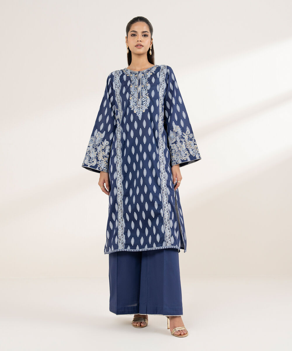 Women's RTW Lawn Blue Embroidered A-Line Shirt
