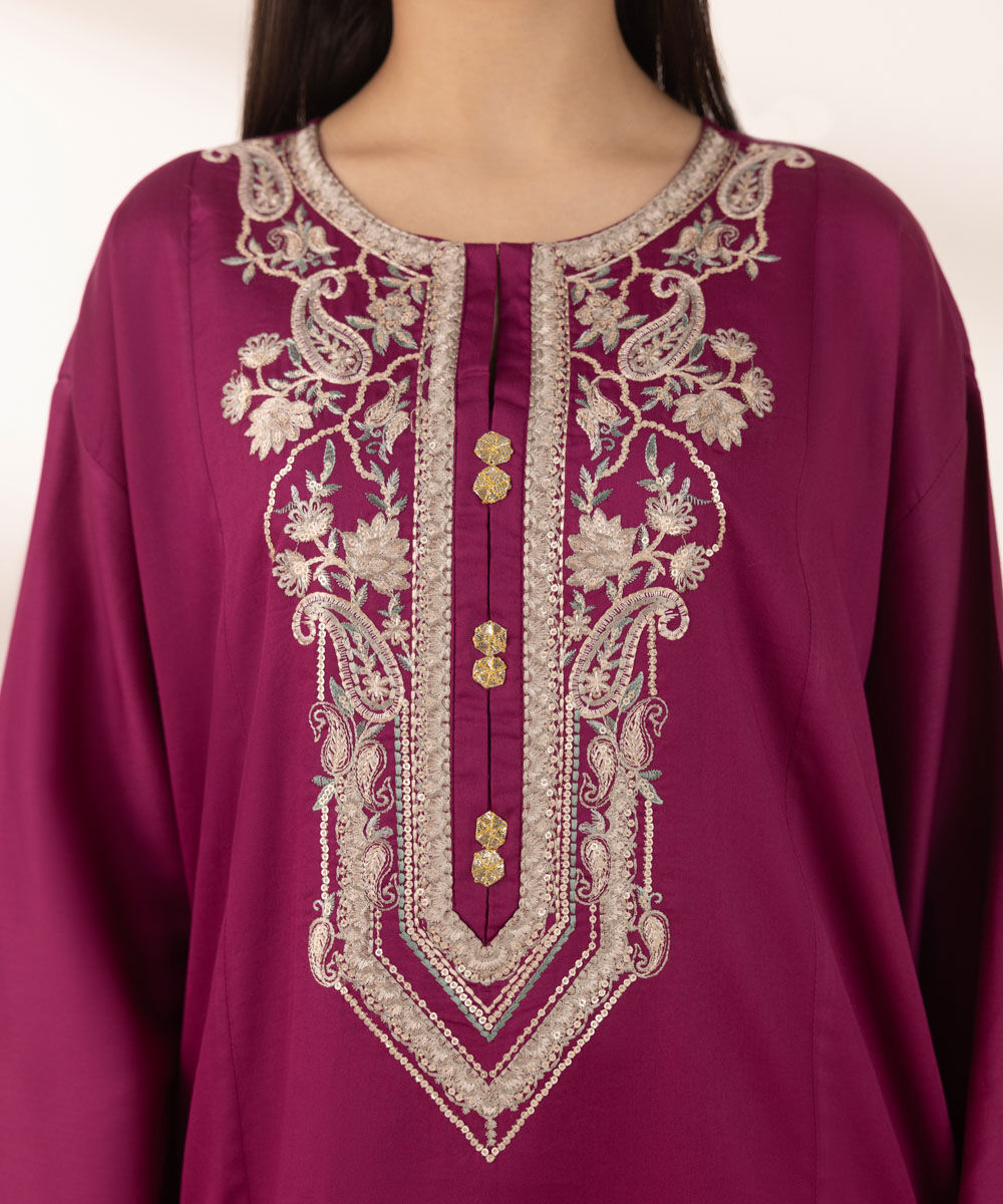 Women's Pret Cotton Satin Purple Embroidered Straight Shirt