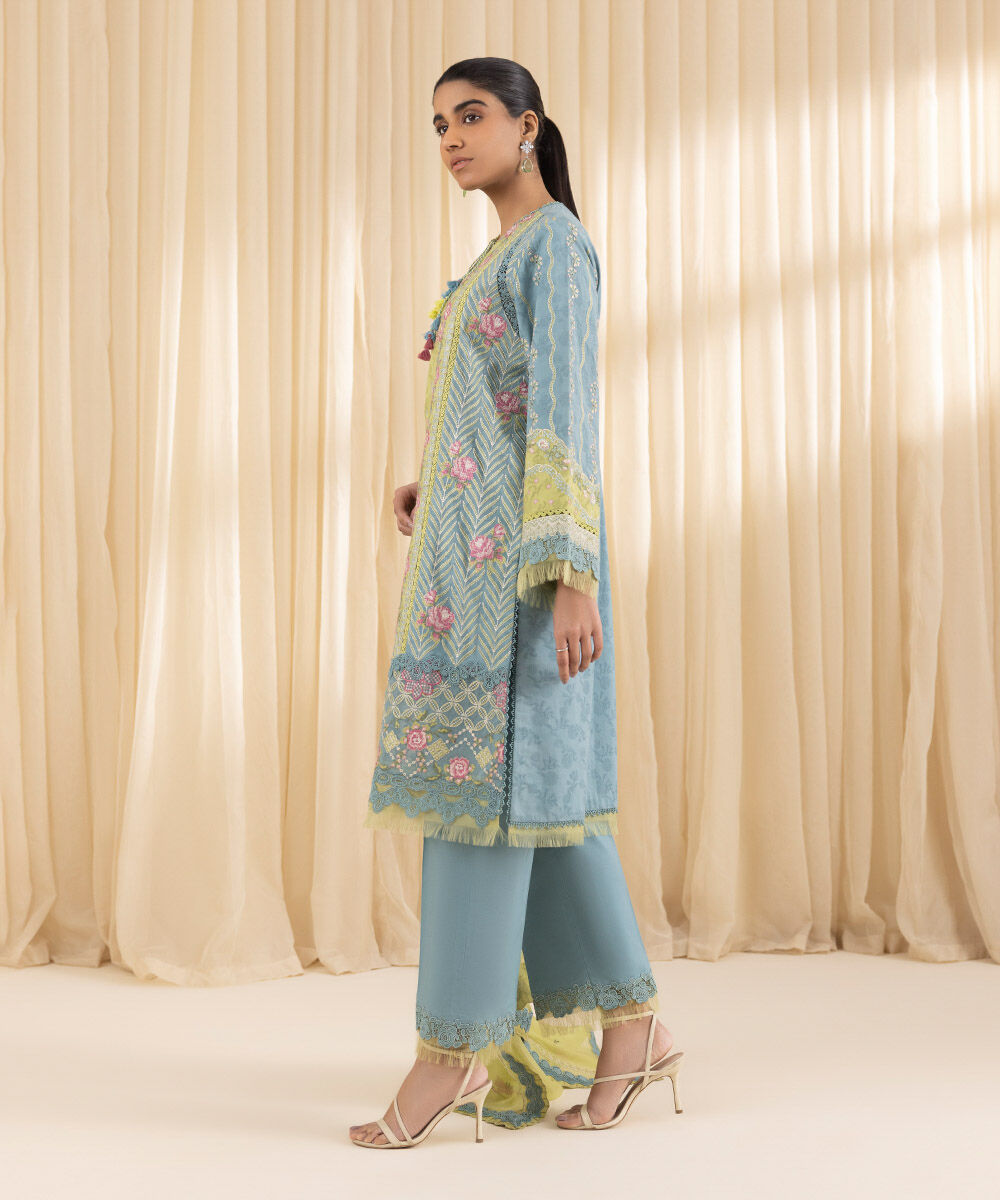 Woman - Blue 3 Piece - Embroidered Dobby Suit
