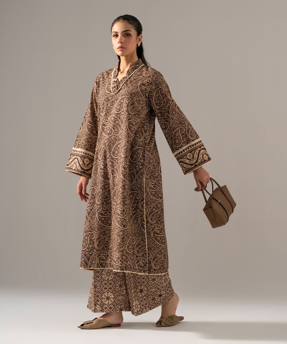 Women's RTW Khaddar Printed Brown 2 Piece Suit