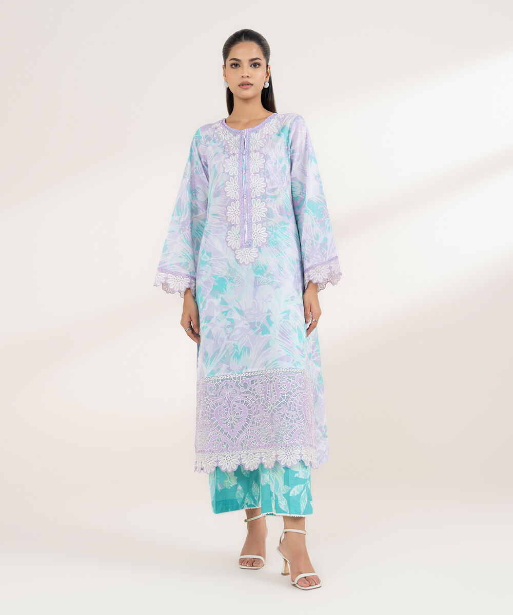 Women's RTW Lawn Purple Embroidered A-Line Shirt