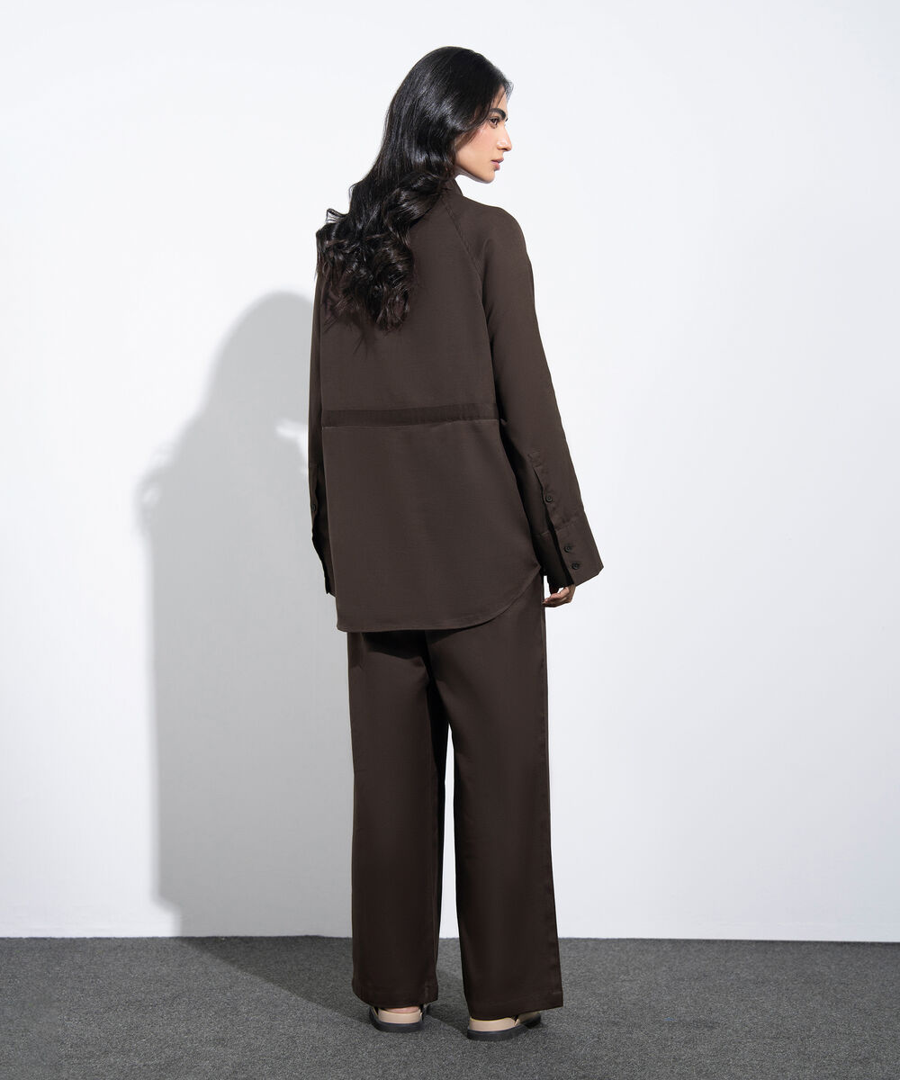 Women's Western Brown Linen Blend Shirt With Waist Drawcord