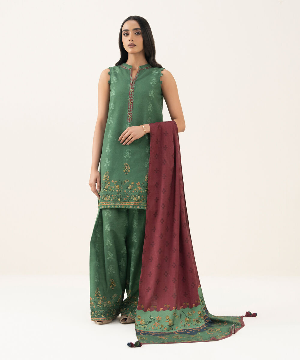 Women's Unstitched Printed Khaddar Green 3 Piece Suit