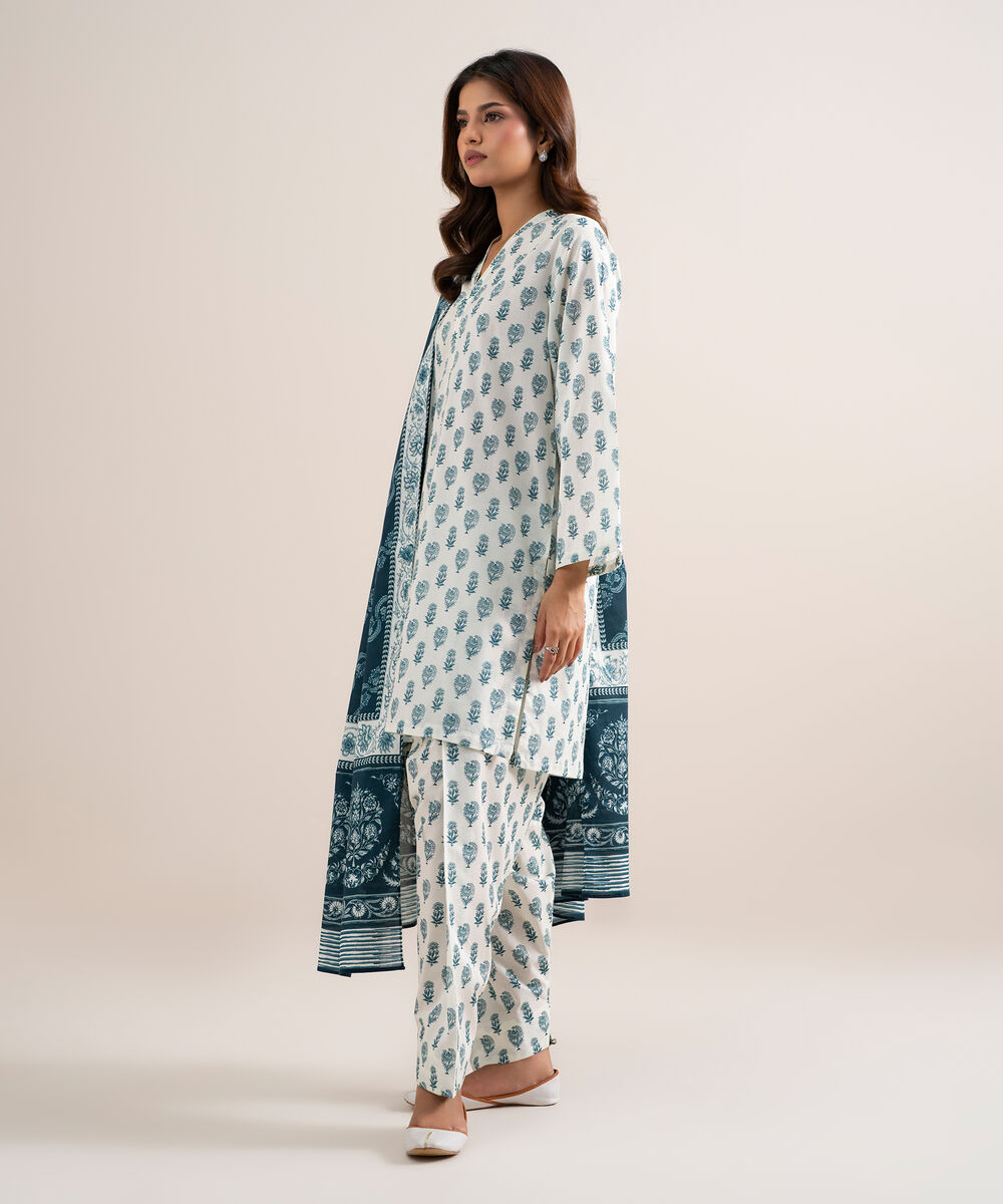 Women's Unstitched Lawn Printed Blue and White  3 Piece Suit
