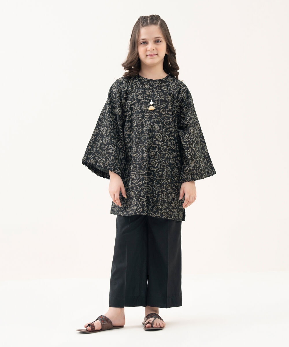 Girl's Cotton Viscose Printed Black 2 Piece Suit