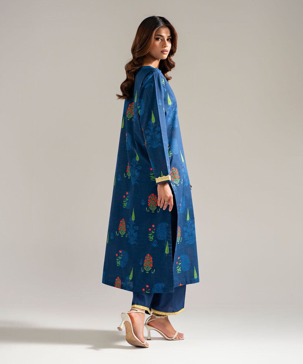 Women's RTW Slub Lawn Printed Turquoise Straight Shirt