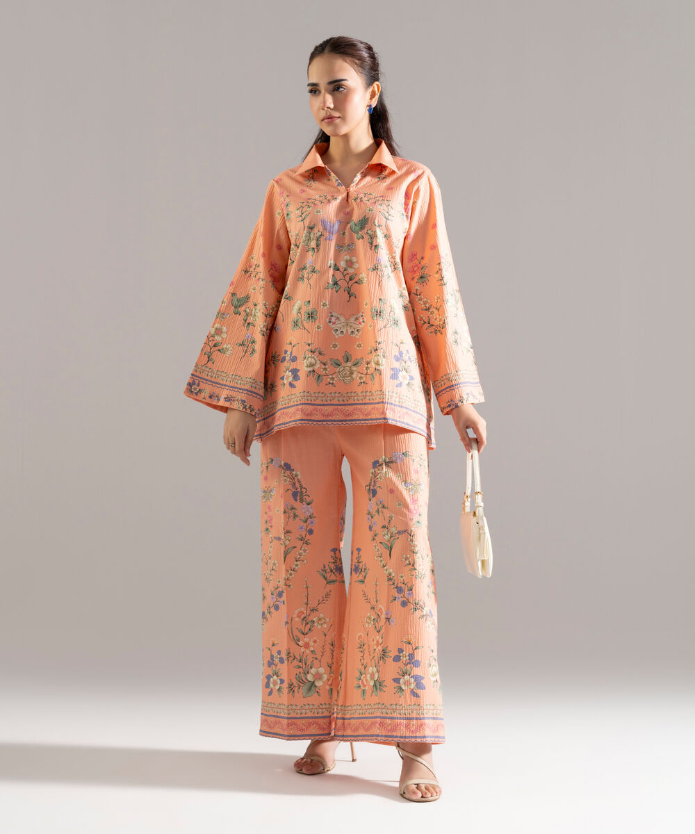 Women's RTW Seersucker Printed Peach 2 Piece Suit