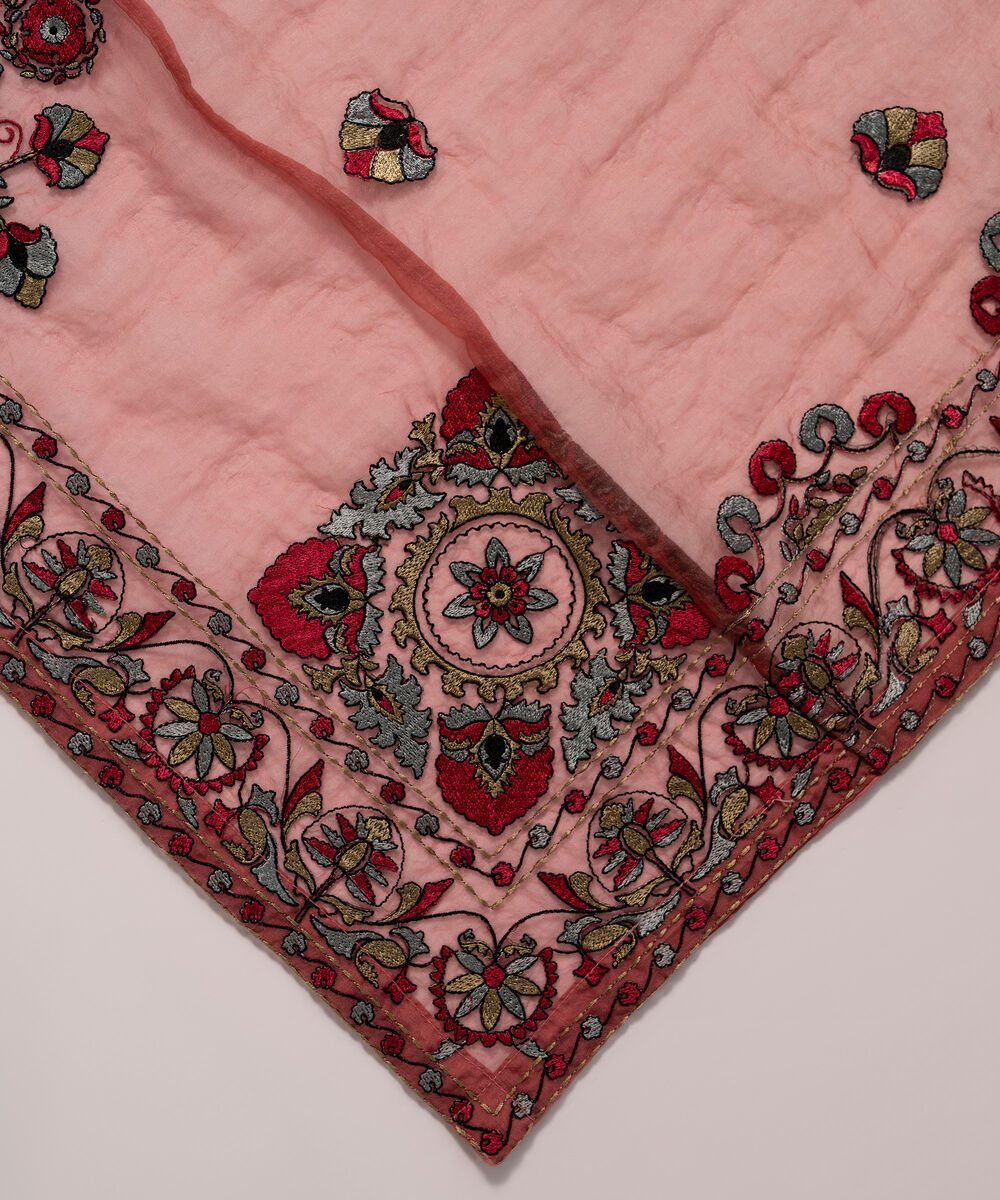 Blended Organza Embroidered Pink Dupatta