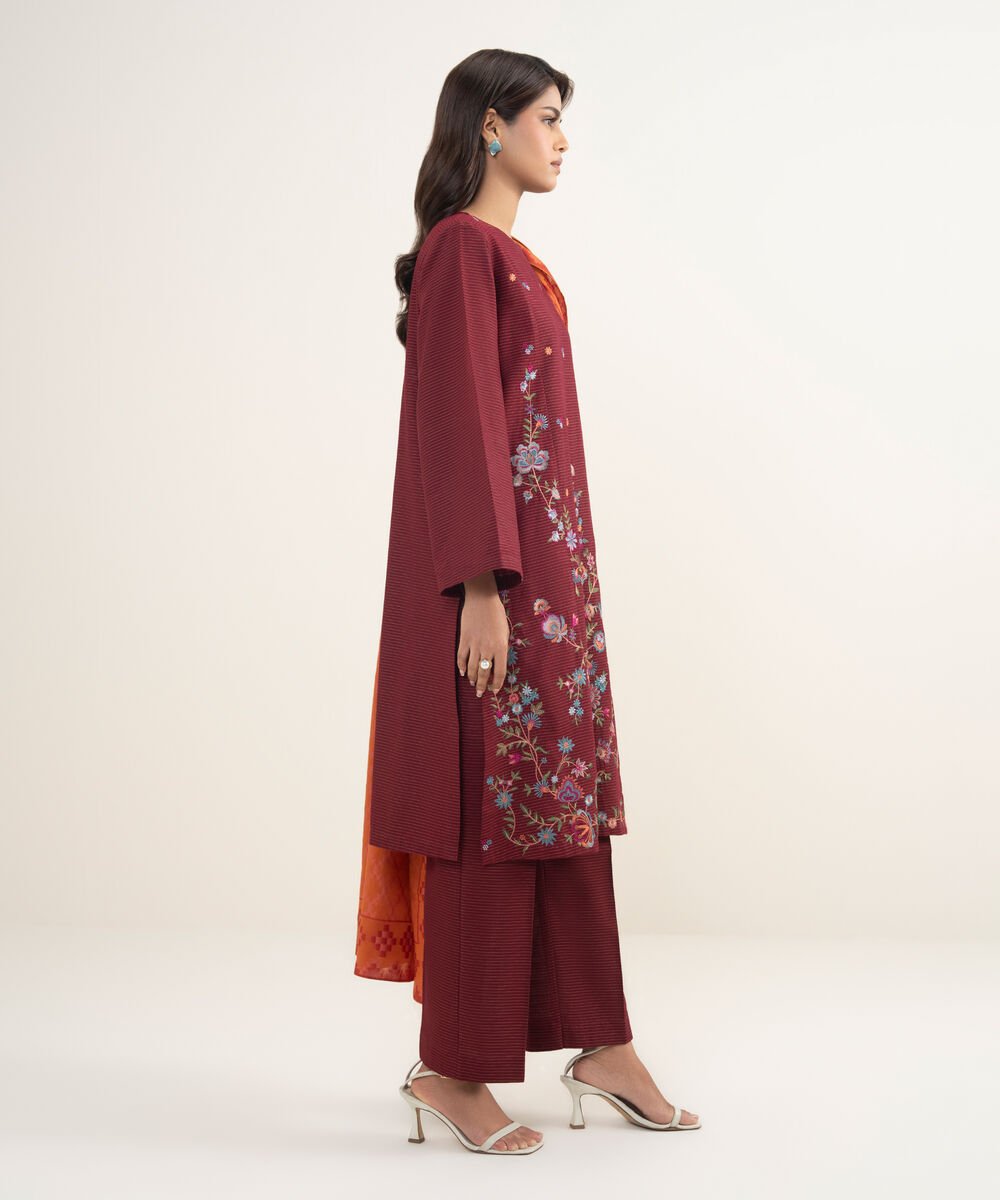 Women's Unstitched Zari Khaddar Maroon  3 Piece Suit