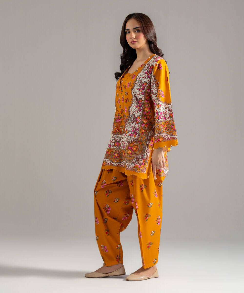 Women's RTW Cotton Viscose Printed Musard Brown Straight Shirt